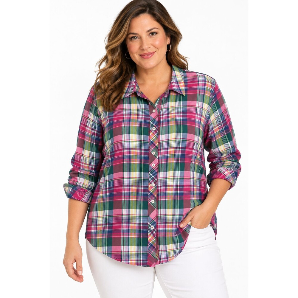 Talbots Top Size 3x Plaid Button Down Colorful Long Sleeve 100% Cotton Shirt